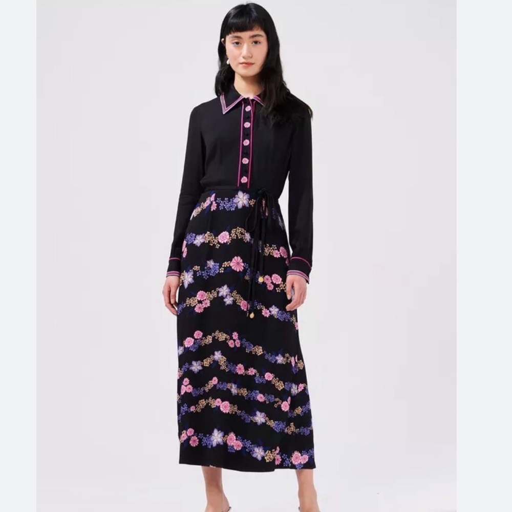 Hailey Menzies Black Floral Crepe Maxi Dress with Embroidery Detail on Collar